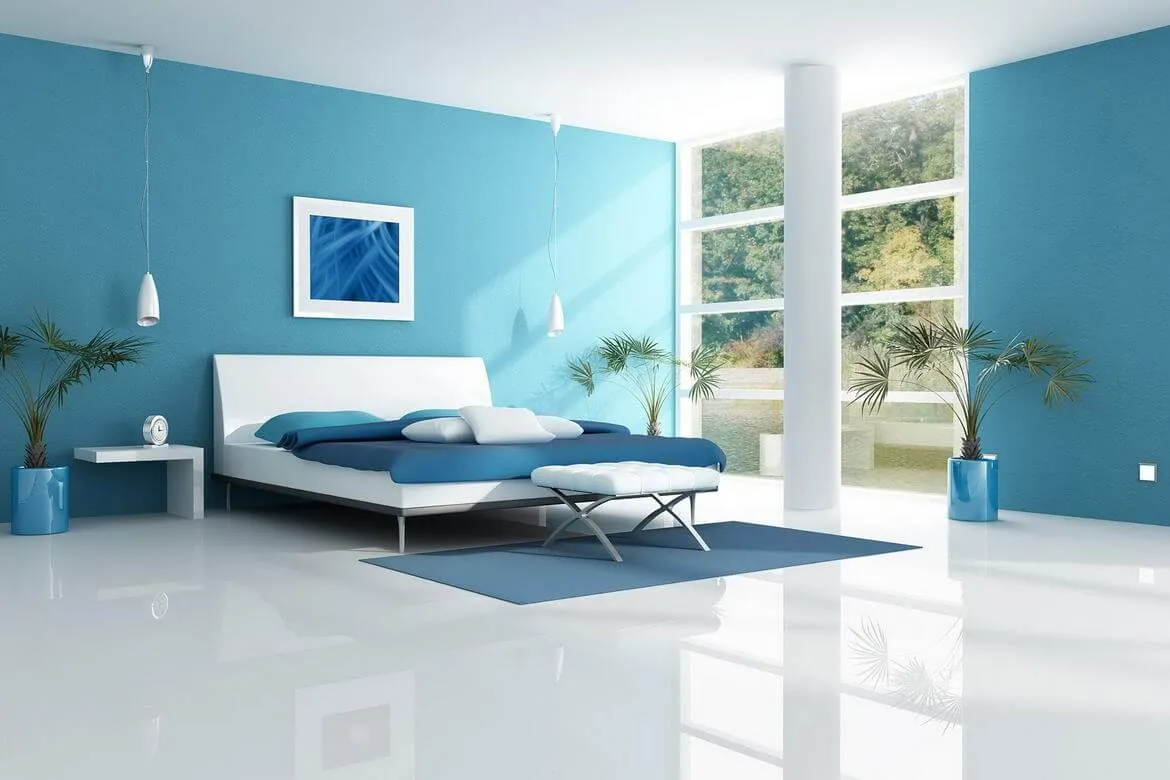 Bright bedroom with blue accent walls