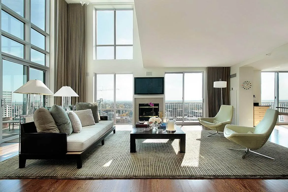 Open living room with tall windows