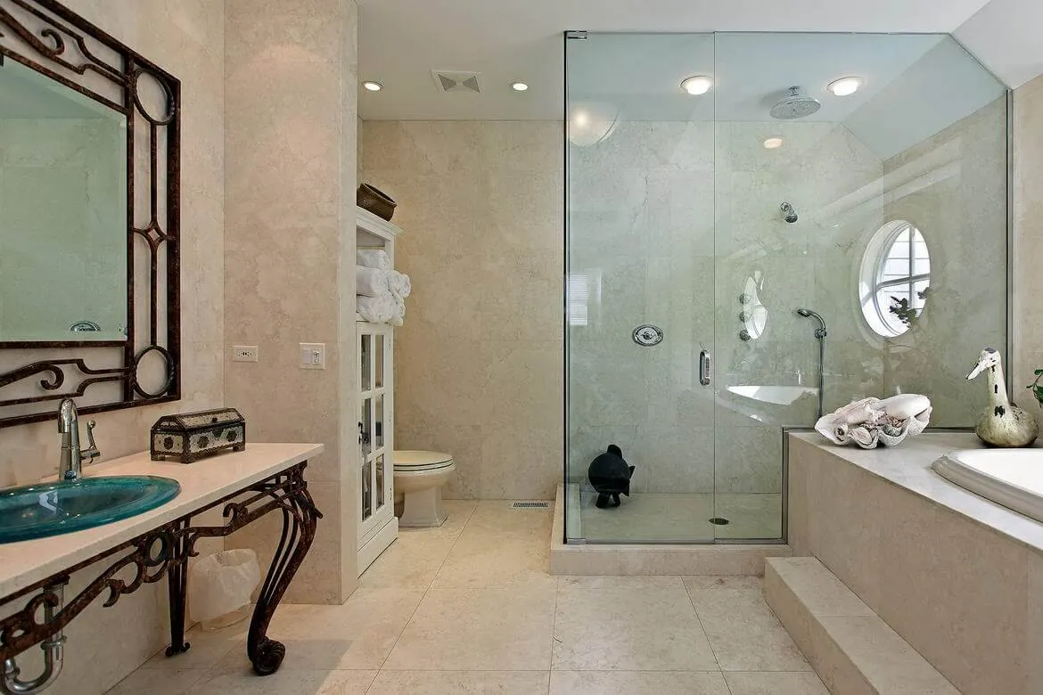 Bathroom with vanity and glass shower