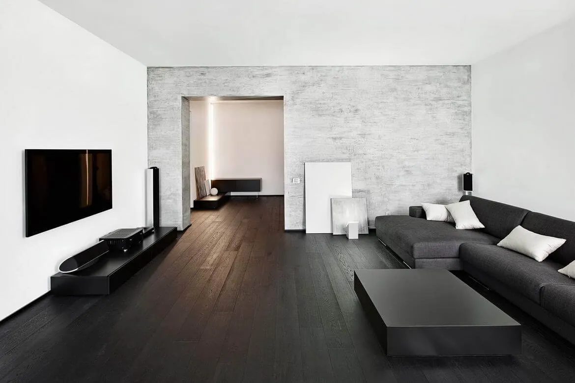 Modern living room with dark wood flooring