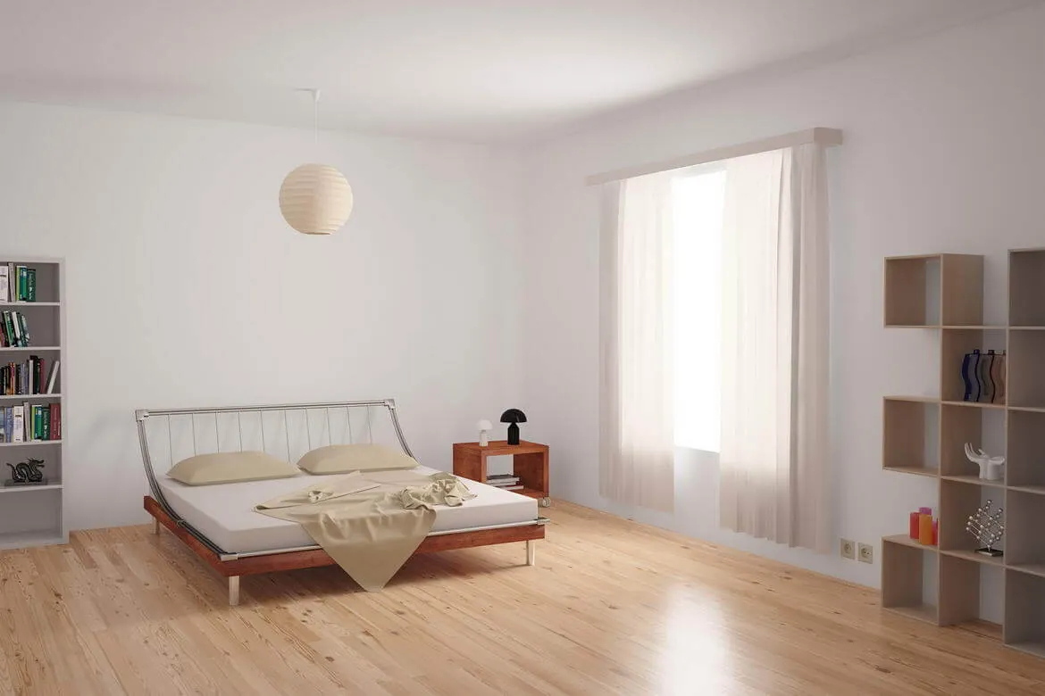 Bedroom with wooden flooring and open shelving