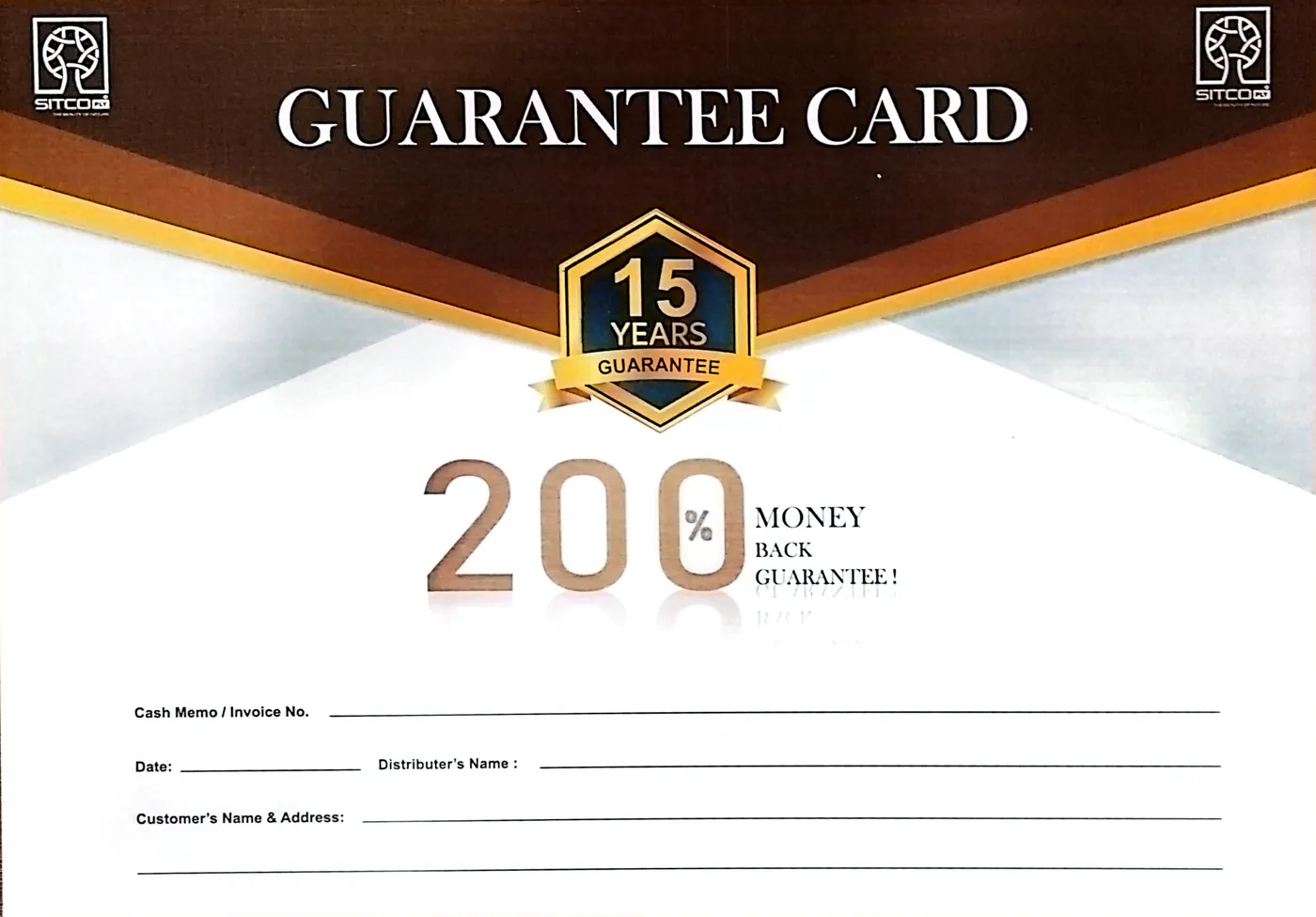 Sitco Ply 15-year guarantee card