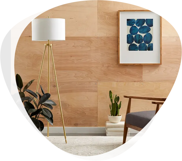 Living room wall panelled with plywood